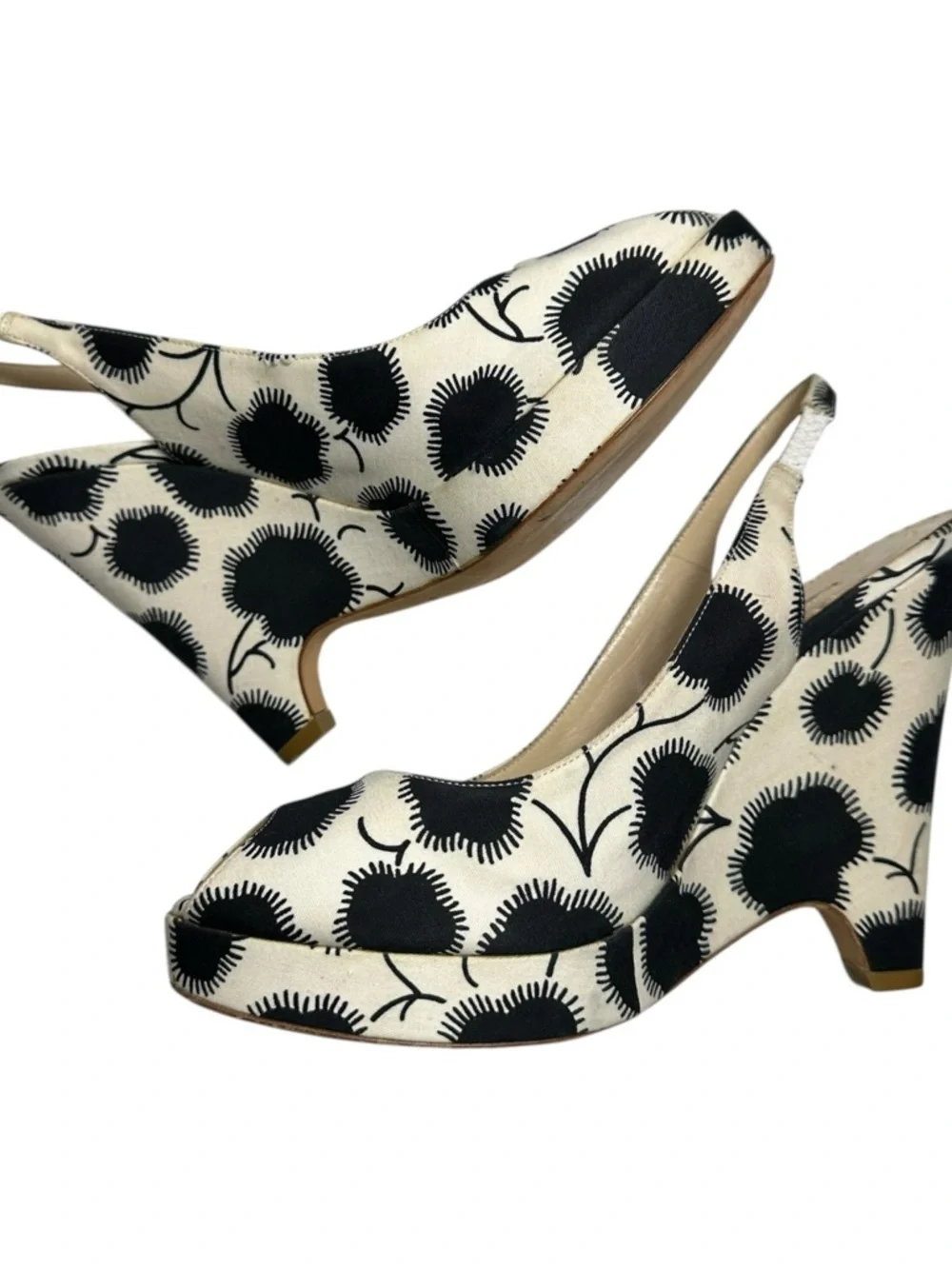 Oscar de la Renta Women’s 37.5 7.5 Black Cream Floral Slingback Platform Wedges